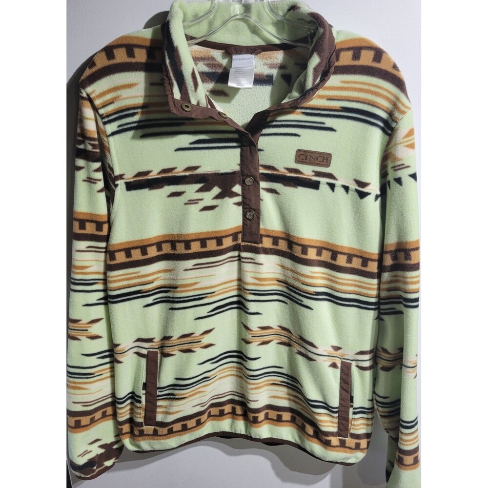 Cinch Womens Southwestern Fleece Pullover Size L Mint Green Brown Aztec Pattern